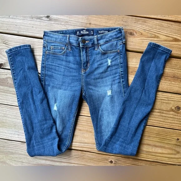 Hollister Women's Blue Ripped mid rise super Skinny stretch Jeans size 0 - Picture 2 of 11